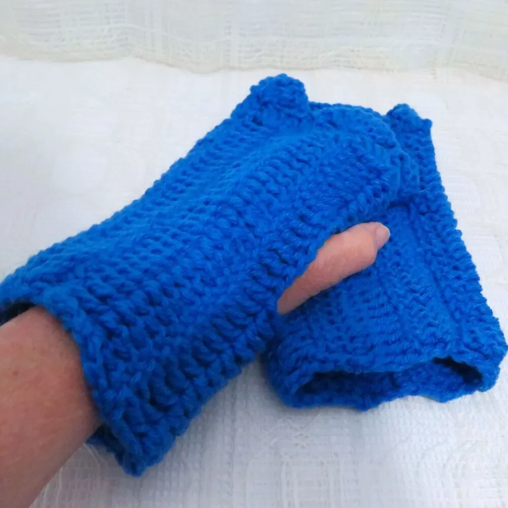 Handmade Crocheted Fingerless Gloves, Royal Blue Fingerless Mittens Women Ruffle